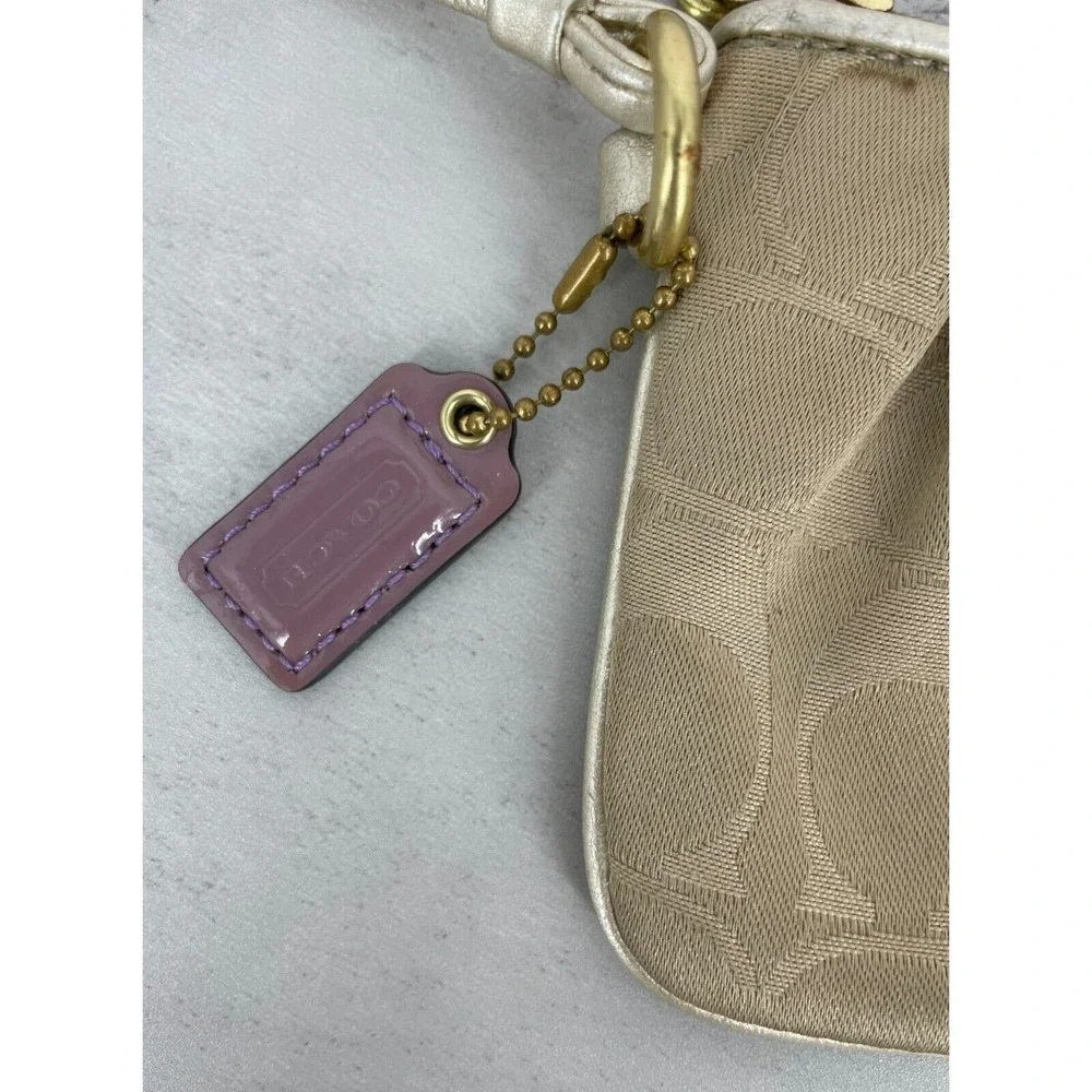 Coach Poppy Signature C Khaki Gold Metallic Leather Trim Wristlet